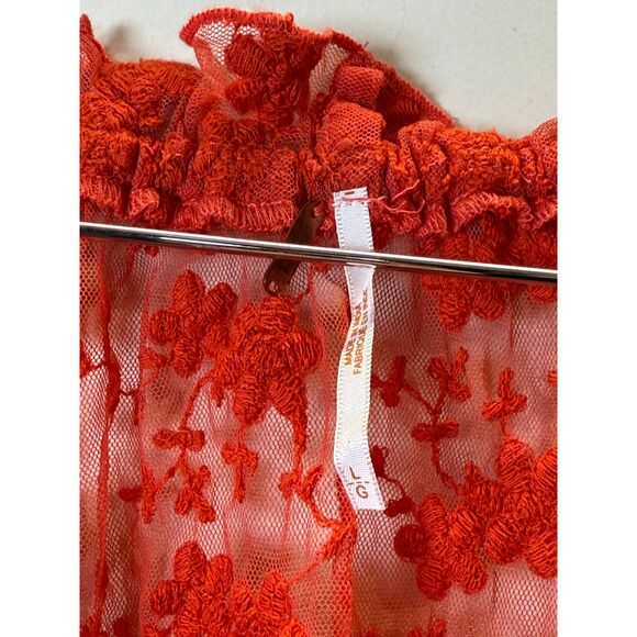 Free People Jubilee Sheer Mesh Floral Lace Embroidered Top Women's Sz Large Red - Picture 8 of 9